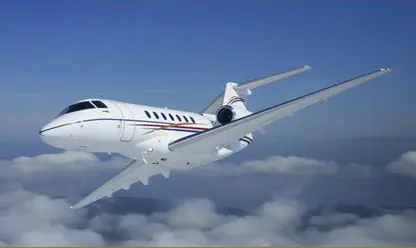 Business jet flying above the clouds